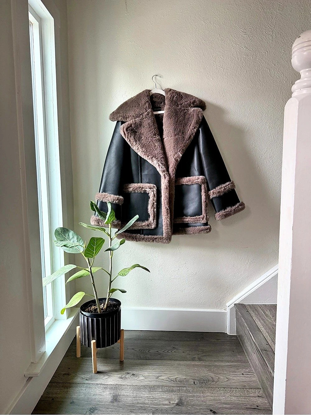 Banana Republic Black Vegan Leather Jacket with Taupe Shearling Trim